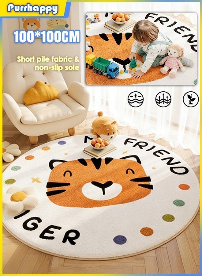 Purrhappy Crystal Velvet Kids' Play Rug, Super Soft Thickened Children's Play Mat, 100CM Large Non-Slip Baby Crawling Round Mat with Durable Rubber Backing,  Animal Pattern Washable Toddler Play Carpet, Easy to Clean Baby Carpet for Living Room Bedroom Nursery Balcony, Cartoon Tiger (Beige & Orange) - Image 4