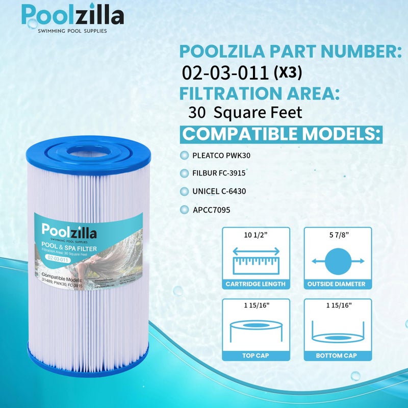 Poolzilla 3-Pack Replacement for Spa Filter C-6430, Pleatco PWK30, Filbur FC-3915, Unicel C-6430, APCC7095, PDC510-AFS, PKW30, SD-01242- Hot Tub Filter Cartridge (L x OD: 10 1/2â€ x 5 7/8â€) - Image 2