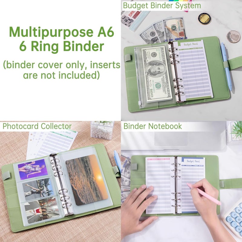 Antner A6 Notebook Binder Refillable 6 Ring Budget Binder Cover for A6 Refill Paper, PU Leather Budget Planner Organizer with Magnetic Buckle, Loose Leaf Personal Planner, Matcha Green - Image 4