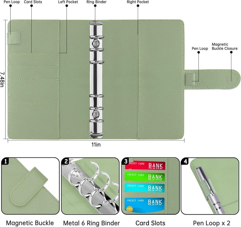 Antner A6 Notebook Binder Refillable 6 Ring Budget Binder Cover for A6 Refill Paper, PU Leather Budget Planner Organizer with Magnetic Buckle, Loose Leaf Personal Planner, Matcha Green - Image 2