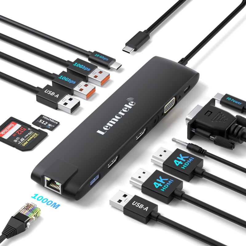 Lemorele Docking Station 13-in-1 USB C Hub 10Gbps, Dual 4K HDMI+VGA, 1000M RJ45, 3.5mm Audio, USB 3.2 Gen2, Type-C 3.0, PD 100W, SD/MicroSD Slots for MacBook Lenovo, HP, Dell - Image 5