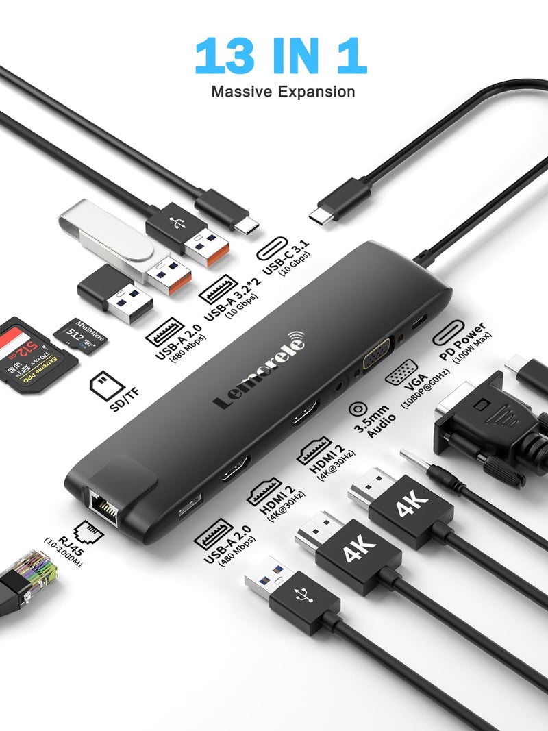Lemorele Docking Station 13-in-1 USB C Hub 10Gbps, Dual 4K HDMI+VGA, 1000M RJ45, 3.5mm Audio, USB 3.2 Gen2, Type-C 3.0, PD 100W, SD/MicroSD Slots for MacBook Lenovo, HP, Dell - Image 2