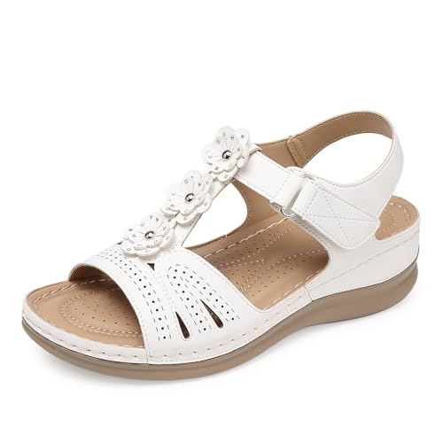 SHIBEVER Wedge Sandals for Women Dressy: White Size 8 Low Summer Platform Comfort Dress Sandal - Comfortable Walking Sandals - Ankle Strap Flat Womens Sandal - Image 1