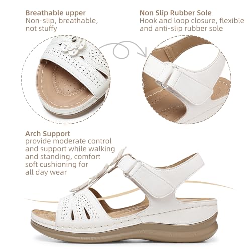 SHIBEVER Wedge Sandals for Women Dressy: White Size 8 Low Summer Platform Comfort Dress Sandal - Comfortable Walking Sandals - Ankle Strap Flat Womens Sandal - Image 2