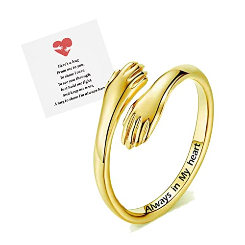 RINHOO Hug Rings for Women 18K Gold Plated Gold Silver Adjustable Ring for Mother Daughter (Always in my heart-Gold) - Image 1