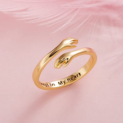 RINHOO Hug Rings for Women 18K Gold Plated Gold Silver Adjustable Ring for Mother Daughter (Always in my heart-Gold) - Image 5