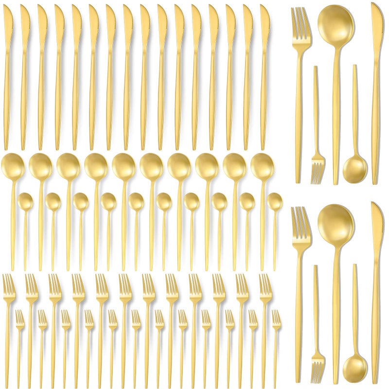 Lanties 60 Pieces Stainless Steel Tableware Set Silverware Set Flatware Cutlery Utensils Spoon Fork Knives Service for 12 for Home Restaurant Apartment and KitchensGold