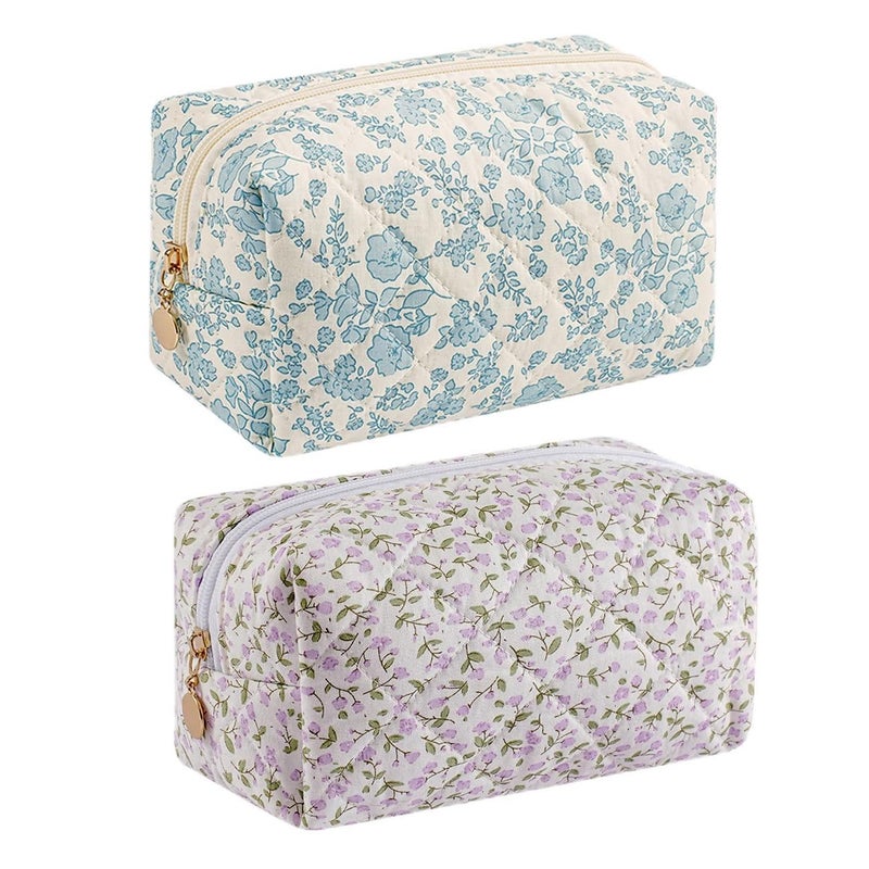 WHHJM Cute Floral Makeup Bag Small Cotton Quilted Cosmetic Bag Aesthetic Essential Bag Emergency Bag Gift for Women Girls Travel Accessories Two Pack Blue FloralPurple Flowers - Image 2