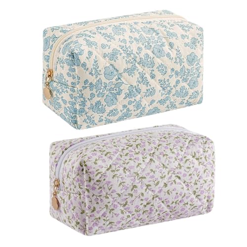 WHHJM Cute Floral Makeup Bag Small Cotton Quilted Cosmetic Bag Aesthetic Essential Bag Emergency Bag Gift for Women Girls Travel Accessories Two Pack Blue FloralPurple Flowers - Image 1