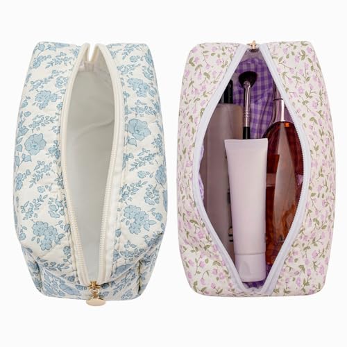 WHHJM Cute Floral Makeup Bag Small Cotton Quilted Cosmetic Bag Aesthetic Essential Bag Emergency Bag Gift for Women Girls Travel Accessories Two Pack Blue FloralPurple Flowers - Image 3