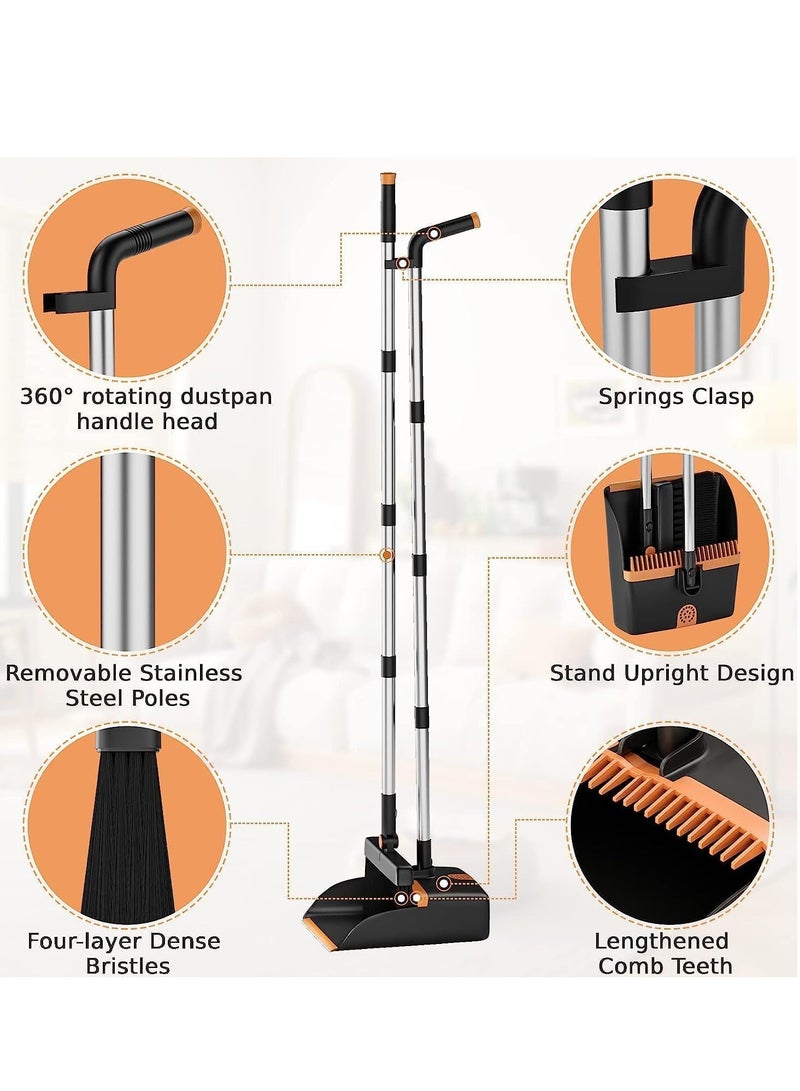TRASSLE Dustpan and Brush Set Long Handled, 180 Rotating Sweeping Brush, 48" Stainless Steel Handle Broom with Comb Teeth for Indoor Outdoor Garden Home Room Kitchen Office Lobby - Image 2