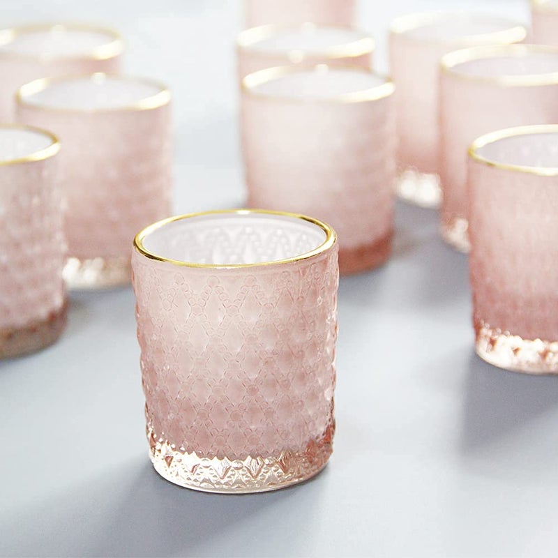SHMILMH Pink Votive Candle Holders Set of 24, Pink Christmas Table Centerpiece Glass Tealight Holders Bulk with Gold Rim, Tea Candle Holder for Birthday Wedding Decor - Image 1