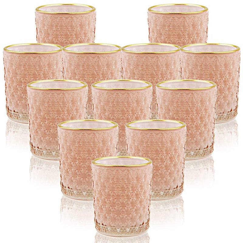 SHMILMH Pink Votive Candle Holders Set of 24, Pink Christmas Table Centerpiece Glass Tealight Holders Bulk with Gold Rim, Tea Candle Holder for Birthday Wedding Decor - Image 5