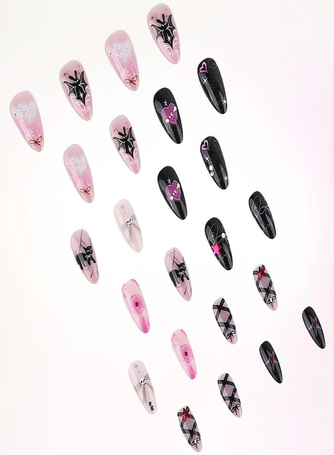 NICENEEDED 24 PCS Halloween Fake Nails, Medium False Nails Almond Press on Nails with Spiders, Punk Artificial Nails Full Cover Stick on Nails for Women - Image 4
