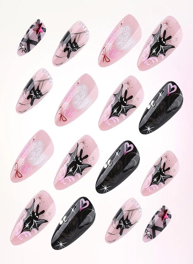 NICENEEDED 24 PCS Halloween Fake Nails, Medium False Nails Almond Press on Nails with Spiders, Punk Artificial Nails Full Cover Stick on Nails for Women - Image 3