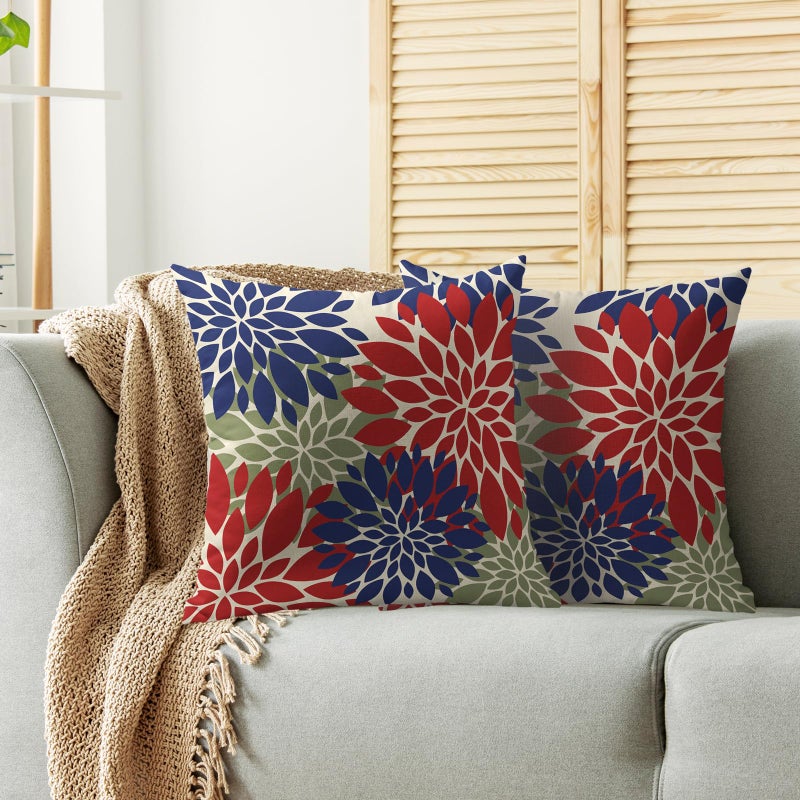 Smozenith Smozenith 4th of July Pillow Covers 18X18 Inch Set of 2  Patriotic Red Blue Green Dahlia Floral Print Holiday Decorative Throw Pillow Covers Outdoor Farmhouse Cushion Case for Couch Sofa Bed Decor  - Image 2