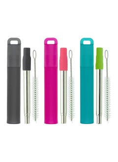 Metal Reusable Straws, Collapsible Portable Telescopic Straw with Plastic Housing Silicone Tips and Cleaning Brush, Retractable Pocket Drinking Straws, 3 Pcs