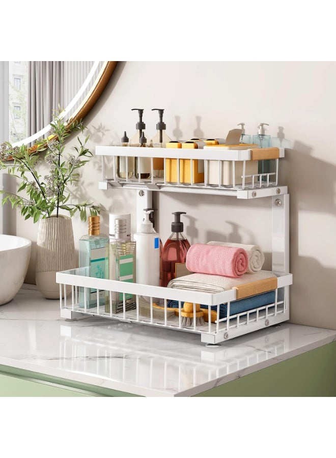 Walpck Under Sink Organizer, 2 Tier Under the Sink Storage, Slide out Pull out Cabinet Organizer Shelf, Metal Sliding Drawer for Kitchen Bathroom Pantry Closet Organization Rack, White - Image 4