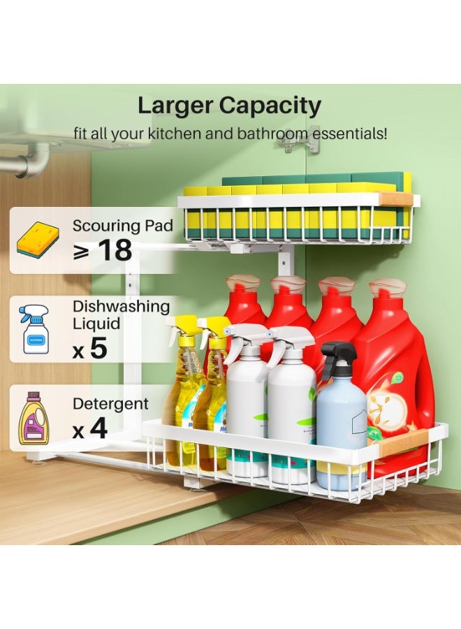 Walpck Under Sink Organizer, 2 Tier Under the Sink Storage, Slide out Pull out Cabinet Organizer Shelf, Metal Sliding Drawer for Kitchen Bathroom Pantry Closet Organization Rack, White - Image 2
