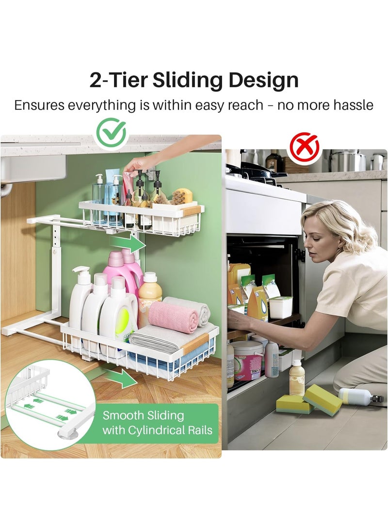 Walpck Under Sink Organizer, 2 Tier Under the Sink Storage, Slide out Pull out Cabinet Organizer Shelf, Metal Sliding Drawer for Kitchen Bathroom Pantry Closet Organization Rack, White - Image 3