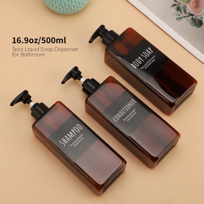 Segbeauty 16.9oz Shampoo Bottles, Segbeauty 3pcs 500ml Pump Press Shower Containers with Labels, Empty Refillable Shampoo Body Soap Conditioner Shower Gel Plastic Bathroom Press Lotion Dispenser Amber - Image 2