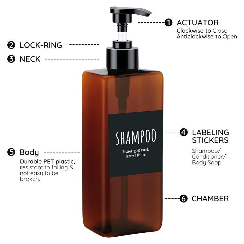 Segbeauty 16.9oz Shampoo Bottles, Segbeauty 3pcs 500ml Pump Press Shower Containers with Labels, Empty Refillable Shampoo Body Soap Conditioner Shower Gel Plastic Bathroom Press Lotion Dispenser Amber - Image 3