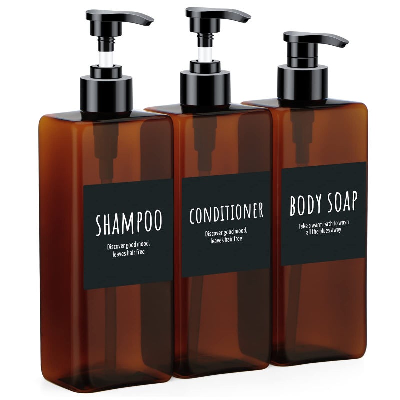 Segbeauty 16.9oz Shampoo Bottles, Segbeauty 3pcs 500ml Pump Press Shower Containers with Labels, Empty Refillable Shampoo Body Soap Conditioner Shower Gel Plastic Bathroom Press Lotion Dispenser Amber - Image 1