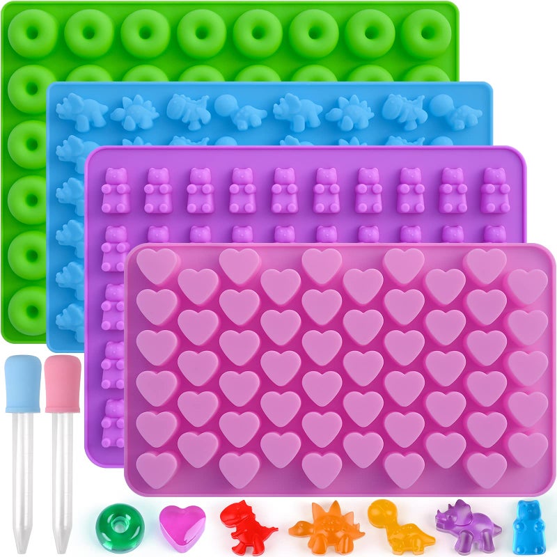 Sakolla Gummy Candy Molds Silicone with 2 Droppers Pack of 4 Mini Silicone Molds Including Dinosaur Bear Shape Hearts and Donut Gummie Chocolate Molds for Kids
