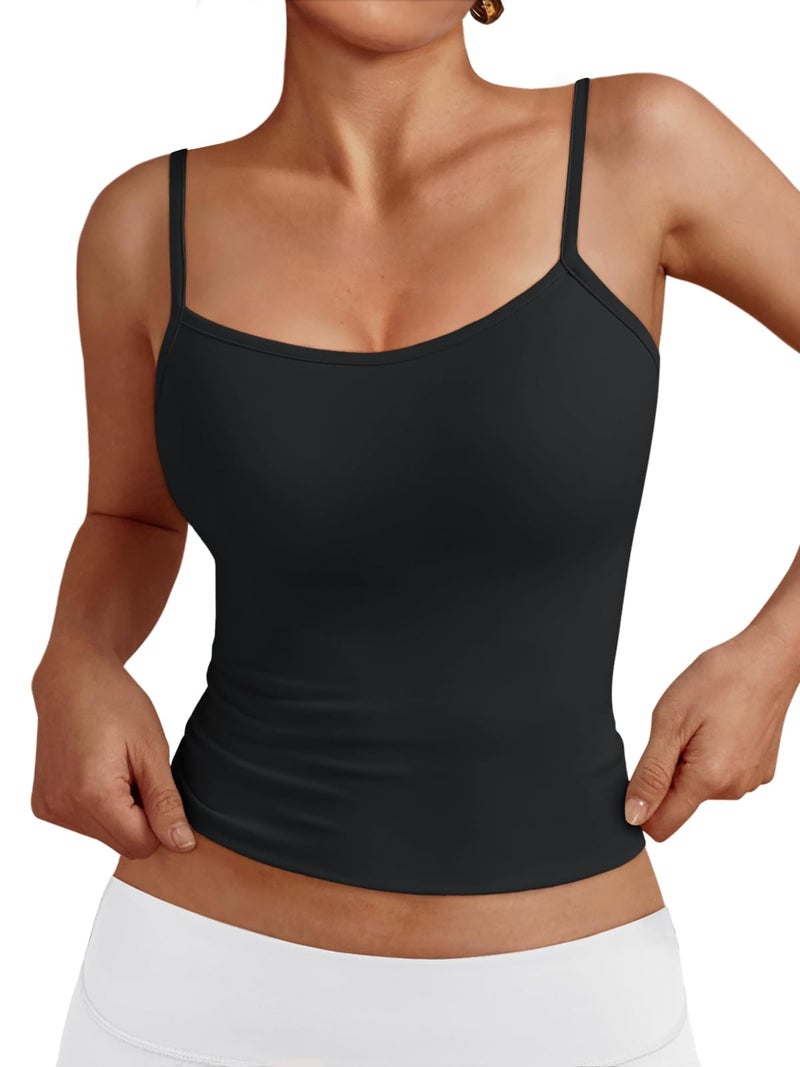 Trendy Queen Womens Tank Summer Tops 2025 Y2k Cute Square Neck Crop Going Out Sexy Teen Girls Sleeveless Fashion Shirts Clothes Outfits Basic Workout Gym Casual Spaghetti Camisole Black M - Image 1