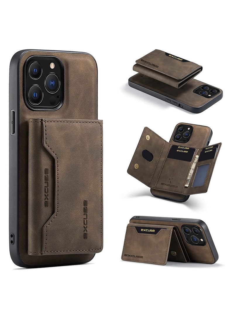 أكس سي جراب ممتاز لهاتف iPhone 14 Pro ، جراب هاتف جلدي غطاء خلفي مغناطيسي قابل للفصل وحامل بطاقات ثلاثي الطي لهاتف iPhone 14 Pro - قهوة - Image 1