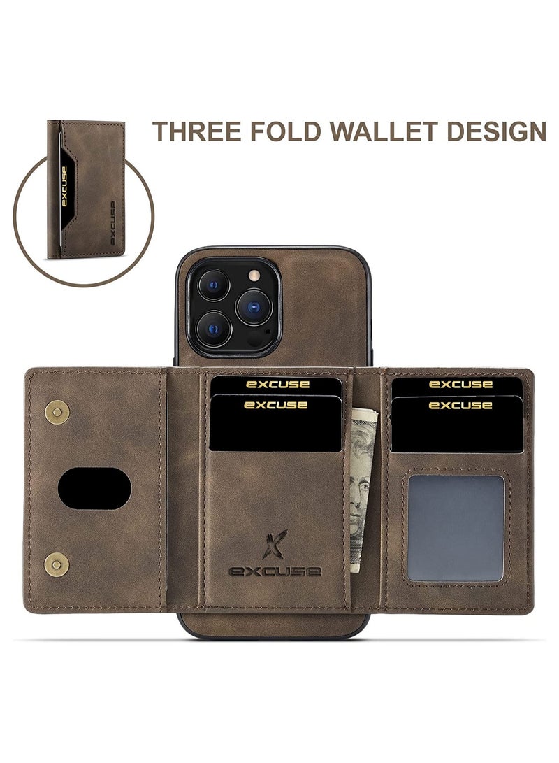 أكس سي جراب ممتاز لهاتف iPhone 14 Pro ، جراب هاتف جلدي غطاء خلفي مغناطيسي قابل للفصل وحامل بطاقات ثلاثي الطي لهاتف iPhone 14 Pro - قهوة - Image 4