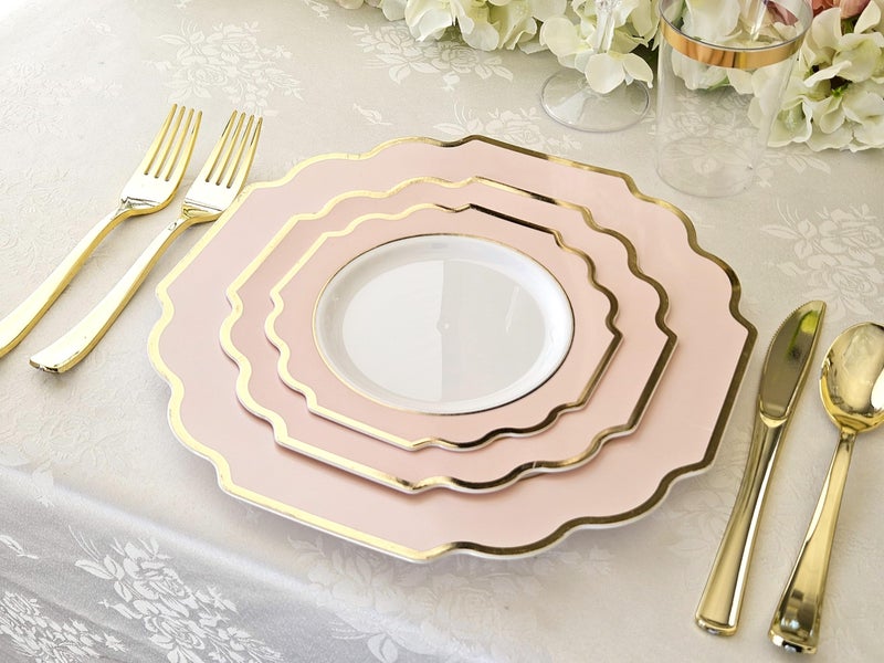 OCCASIONS FINEST PLASTIC TABLEWARE OCCASIONS Pink Plastic Plates - 50 Plates Pack (25 Guests) Heavyweight Disposable Dinner & Dessert Plate Set for Wedding, Party, Baby Shower (25x10.5" + 25x8") Imperial in Blush Pink & Gold - Image 4