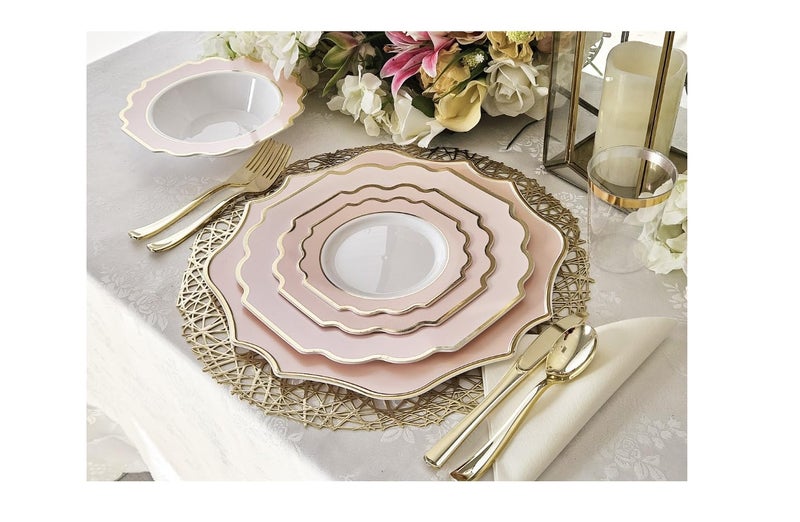 OCCASIONS FINEST PLASTIC TABLEWARE OCCASIONS Pink Plastic Plates - 50 Plates Pack (25 Guests) Heavyweight Disposable Dinner & Dessert Plate Set for Wedding, Party, Baby Shower (25x10.5" + 25x8") Imperial in Blush Pink & Gold - Image 3