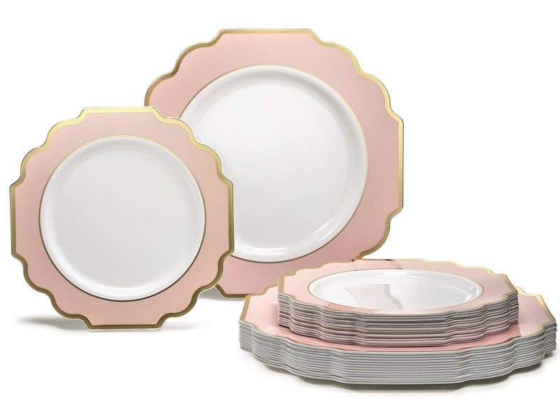 OCCASIONS FINEST PLASTIC TABLEWARE OCCASIONS Pink Plastic Plates - 50 Plates Pack (25 Guests) Heavyweight Disposable Dinner & Dessert Plate Set for Wedding, Party, Baby Shower (25x10.5" + 25x8") Imperial in Blush Pink & Gold - Image 1