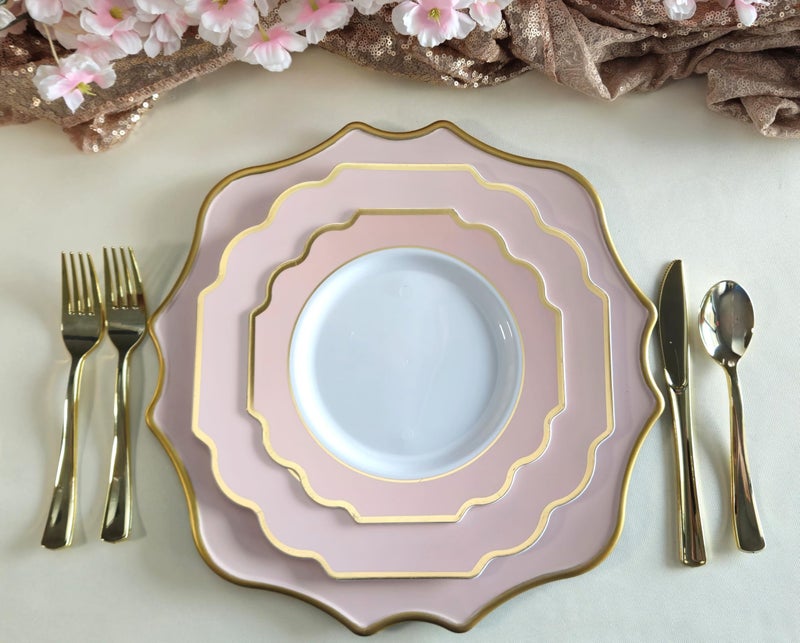 OCCASIONS FINEST PLASTIC TABLEWARE OCCASIONS Pink Plastic Plates - 50 Plates Pack (25 Guests) Heavyweight Disposable Dinner & Dessert Plate Set for Wedding, Party, Baby Shower (25x10.5" + 25x8") Imperial in Blush Pink & Gold - Image 5