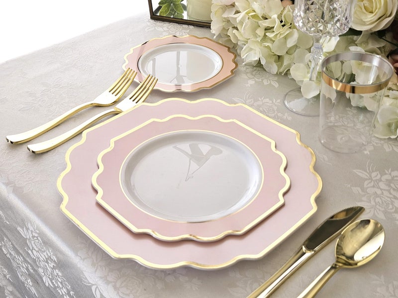 OCCASIONS FINEST PLASTIC TABLEWARE OCCASIONS Pink Plastic Plates - 50 Plates Pack (25 Guests) Heavyweight Disposable Dinner & Dessert Plate Set for Wedding, Party, Baby Shower (25x10.5" + 25x8") Imperial in Blush Pink & Gold - Image 2