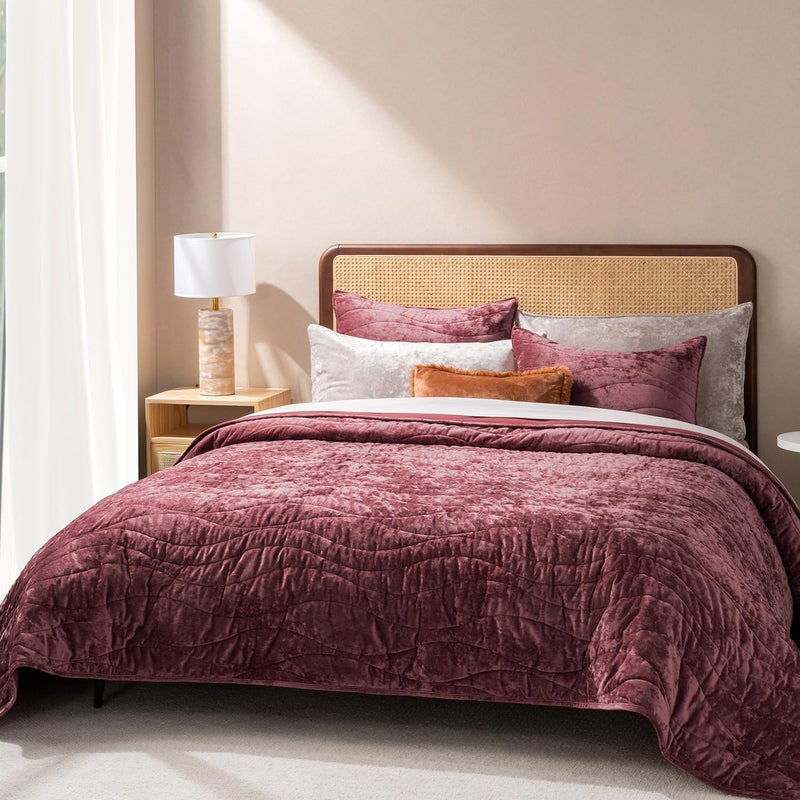 EverGrace Luxury Velvet Quilt King Size, Ultra Soft Wave Crushed Velvet Bedding Set, Lightweight Quilted Comforter Set for All Season, Oversized Bedspread Coverlet with 2 Shams, Burgundy - Image 1
