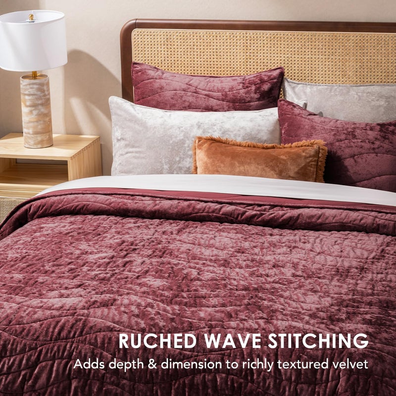 EverGrace Luxury Velvet Quilt King Size, Ultra Soft Wave Crushed Velvet Bedding Set, Lightweight Quilted Comforter Set for All Season, Oversized Bedspread Coverlet with 2 Shams, Burgundy - Image 2