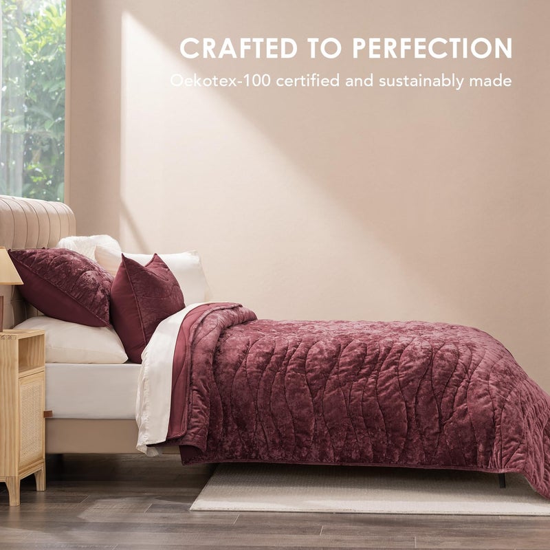 EverGrace Luxury Velvet Quilt King Size, Ultra Soft Wave Crushed Velvet Bedding Set, Lightweight Quilted Comforter Set for All Season, Oversized Bedspread Coverlet with 2 Shams, Burgundy - Image 3
