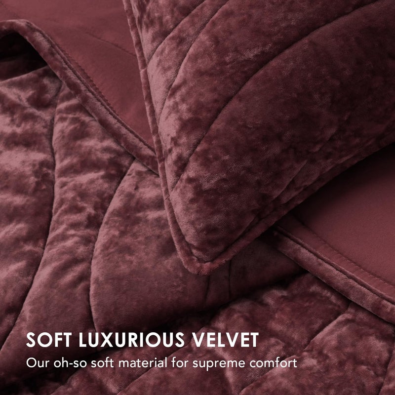EverGrace Luxury Velvet Quilt King Size, Ultra Soft Wave Crushed Velvet Bedding Set, Lightweight Quilted Comforter Set for All Season, Oversized Bedspread Coverlet with 2 Shams, Burgundy - Image 4