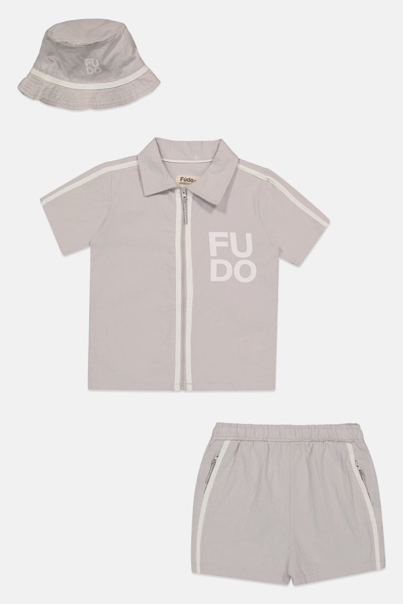 Fudo Kids Boy 3 Pieces Brand Logo Shirt With Shorts And Bucket Hat Set, Light Grey - Image 2
