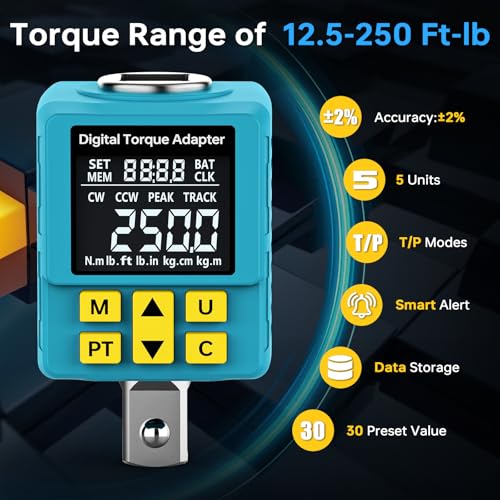 YIYEIE Upgrade Digital Torque Adapter, (±1% Accuracy, 12.5-250Ft-lb), 1/2" Digital Torque Wrench Adapter for Car, Versatile Meter - Smart Alert | Peak/Track | Preset | Store/Delete, for Automotive(340N.m) - Image 3