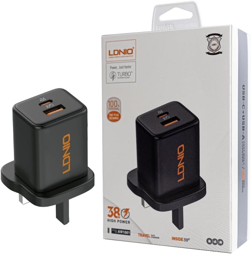 لدنيو شاحن حائط سريع 38W، منفذا USB، محرك طاقة توربو، نظام تبريد ذكي، AW1001 - Image 1