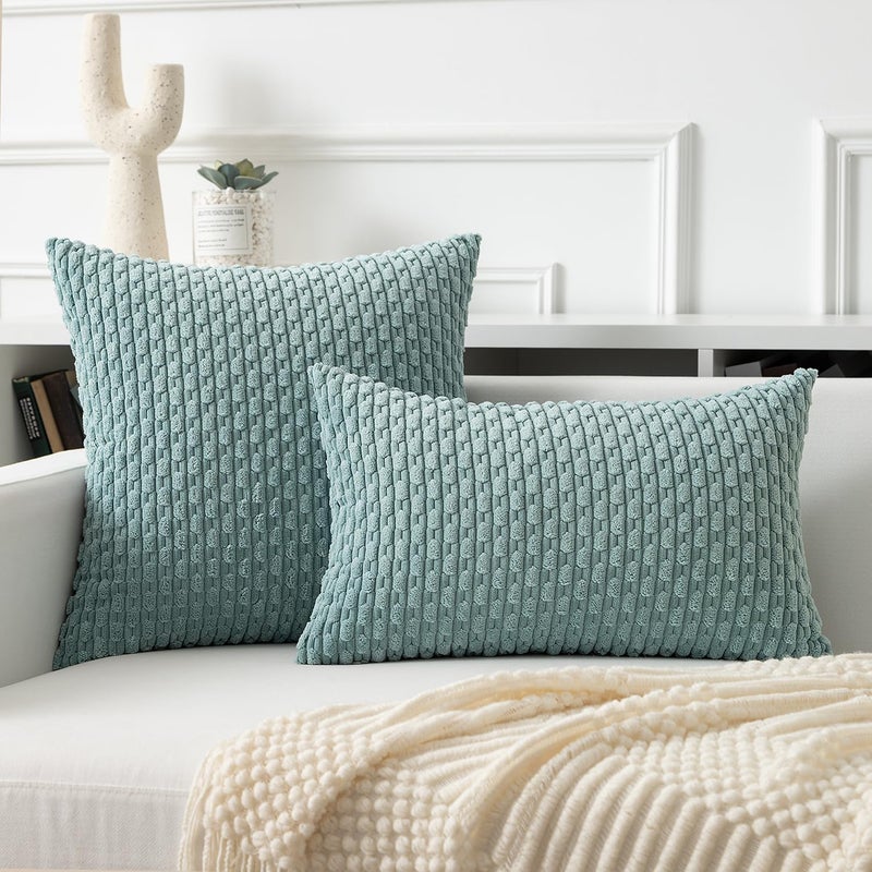 K KEVIN TEXTILE Kevin Textile Throw Pillow Covers Soft Corduroy Decorative Set of 2 Boho Striped Pillow Covers Pillowcases Farmhouse Home Decor for Couch Bed Sofa Living Room 16x16 Inch Dusty Green  - Image 4