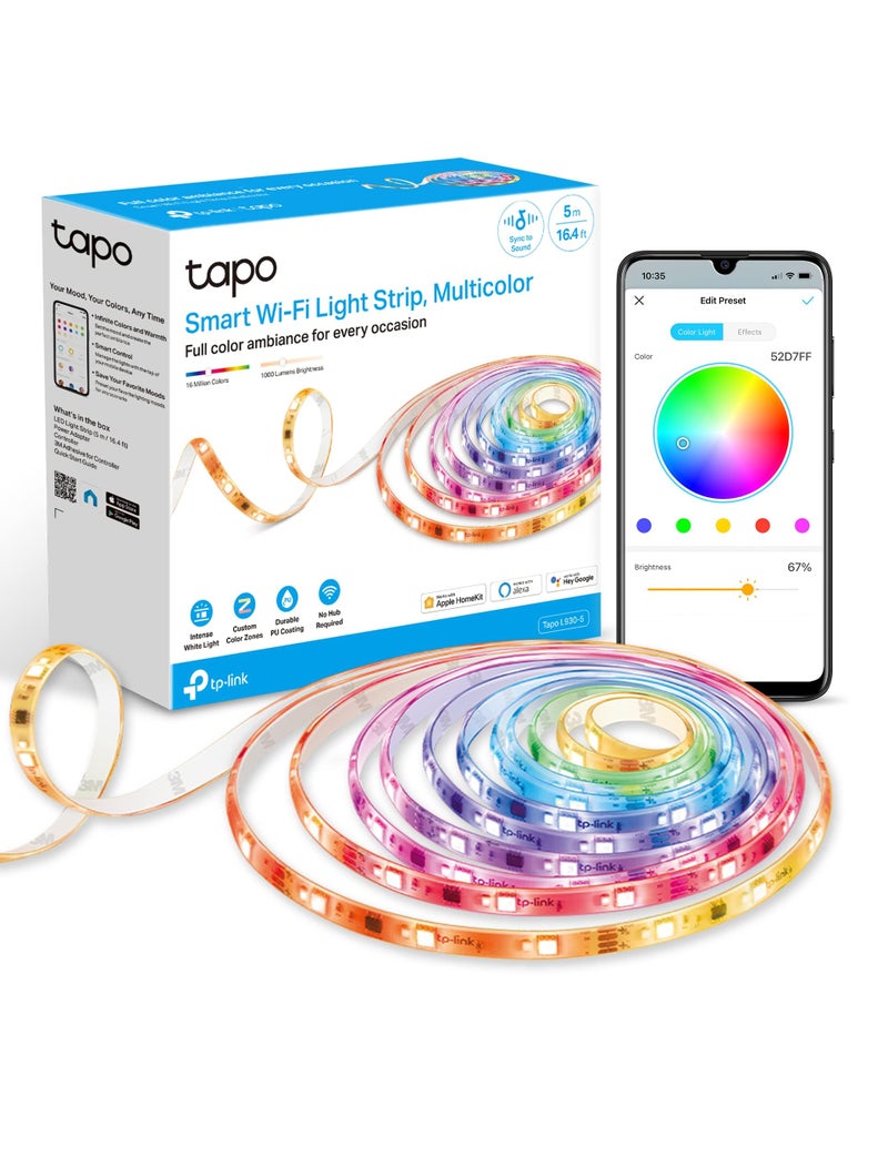 tapo شريط إضاءة LED الذكي Tapo TP-Link RGBWIC بطول 16.4 قدم، 1000 لومن، 16 مليون لون قابل للتعتيم، 50 منطقة لونية، يعمل مع Apple HomeKit/Alexa/Google Home، مزامنة مع الصوت، طلاء PU IP44، قابل للتقصير L930-5 - Image 1