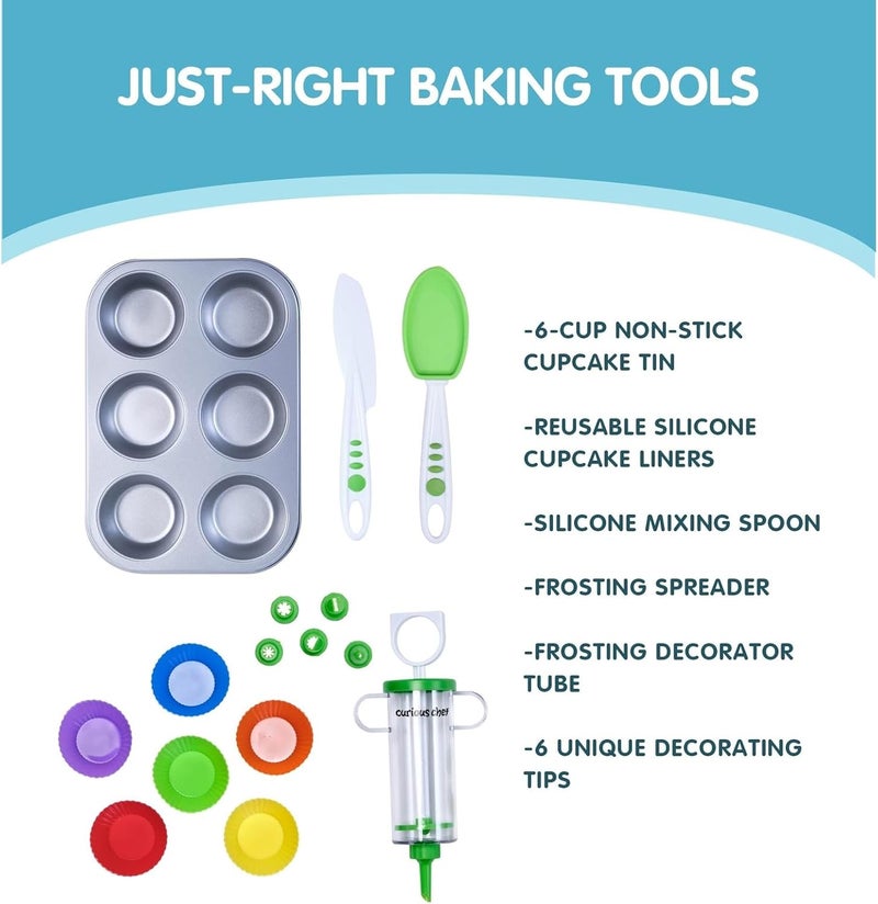 Curious Chef Kids Cookware - 16-Piece Cupcake & Decorating Kit I Real Utensils, Dishwasher Safe, BPA-Free I Non-stick Tin, Liners, Silicone Mixing Spoon, Frosting Spreader, Decorator Tube and More! - Image 3