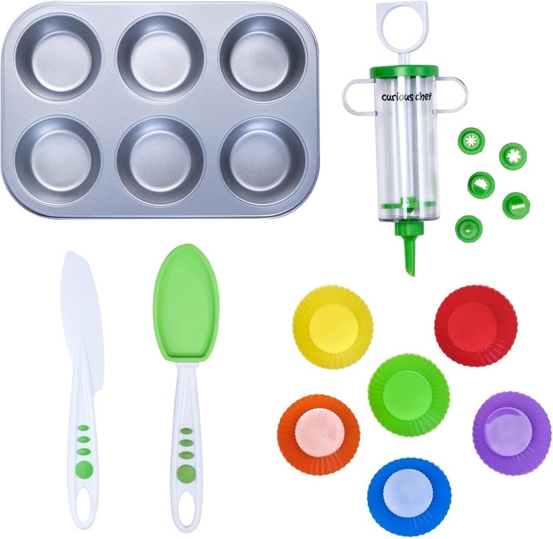 Curious Chef Kids Cookware - 16-Piece Cupcake & Decorating Kit I Real Utensils, Dishwasher Safe, BPA-Free I Non-stick Tin, Liners, Silicone Mixing Spoon, Frosting Spreader, Decorator Tube and More! - Image 1