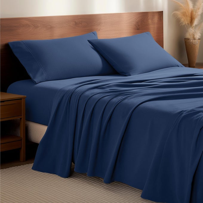 FLANNEL SHEET SET 100 COTTON VELVETY SOFT HEAVYWEIGHT DOUBLE BRUSHED FLANNEL DEEP POCKET SPLIT KING DARK BLUE