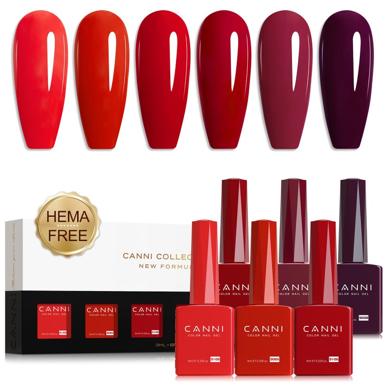 CANNI Red Gel Nail Polish Set â€“ 6 Colors 9ML Classic Dark Red, Burgundy â€“ Soak Off UV LED Gel Polish Kit for All-Season DIY Manicure, Nail Art, Salon & Home Use - Image 1