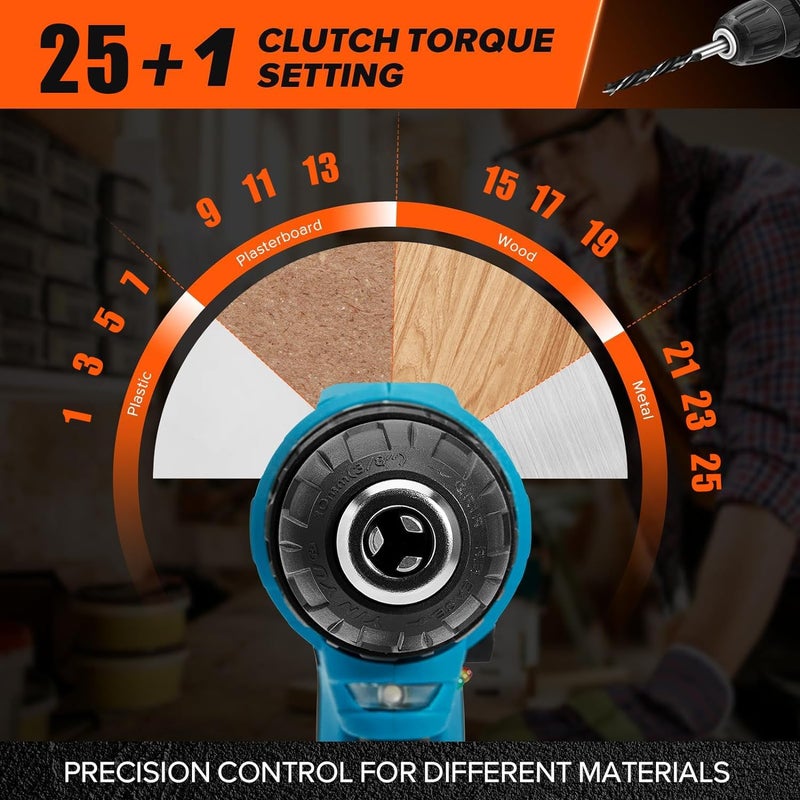 WEMART Cordless Drill Set, 48V Power Drill Kit With Battery, 25+1 Position, 2 Variable Speed, 3/8'' Keyless Chuck, Fast Charger With Tool Bag - Image 2